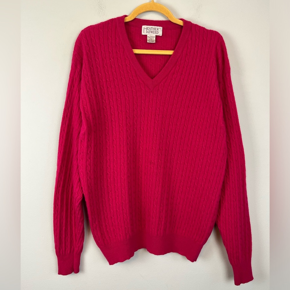 Vintage Heather & Tweed Lambswool Blend Women Cable Knit V-Neck Pink Sweater XL